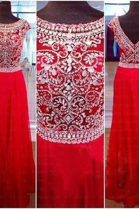 Red Chiffon Boat Neck Cap Sleeve Beaded A Line Floor Length Long Evening Prom Dress,zipper Back Evening Party Dress,popular Foraml Dress