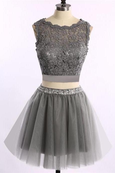 short gray Homecoming dress ,Cute Homecoming dress ,Two Piece Homecoming dress ,Cocktail Dresses, New Arrival Lace Homecoming dress ,cheap Mini Homecoming Gowns