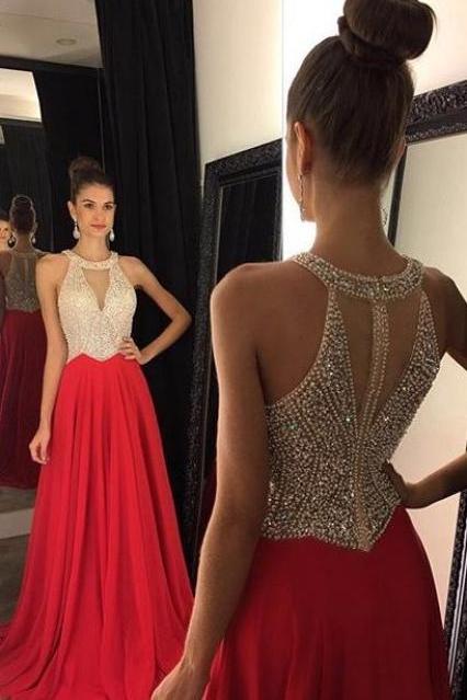 Sexy Prom Dresses,Red Prom Dress,Chiffon Evening Gown,Long Formal Dress,Beaded Prom Gowns,Evening Dresses