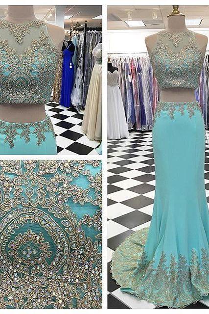 2 Piece Prom Gown,two Piece Prom Dresses,blue Evening Gowns,2 Pieces Party Dresses,lace Evening Gowns,formal Dress For Teens