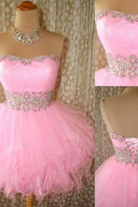 Pink Homecoming Dress,Strapless Homecoming Dresses,Tulle Homecoming Dress,Fitted Party Dress,Short Prom Gown,Modest Sweet 16 Dress,Cocktail Gowns,Short Evening Gowns