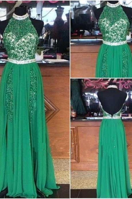 Green Prom Dresses,beading Evening Gowns,modest Formal Dress,beaded Prom Dresses,2016 Fashion Evening Gown,backless Evening Gowns,open Back