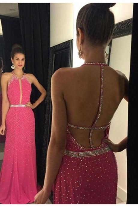 Pink Backless Prom Dresses,Open Back Prom Gowns, Pink Prom Dresses 2016, Party Dresses 2017,Long Prom Gown,Open Backs Prom Dress,Sparkle Evening Gown,Sparkly Party Gowbs