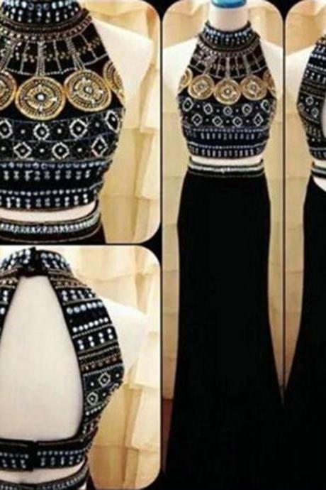 Beaded Prom Dresses,beading Prom Dress,black Prom Gown,2 Pieces Prom Gowns,elegant Evening Dress,two Piece Evening Gowns,2 Pieces Evening Gowns,a