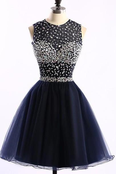 navy blue Homecoming Dress,Tulle Homecoming Dresses,Homecoming Gowns,Beaded Party Dress,Short Prom Gown,Sweet 16 Dress,Modest Homecoming Dresses,Cute Evening Dress
