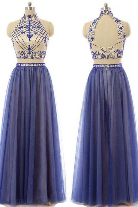 2 Piece Prom Gown,two Piece Prom Dresses,royal Blue Evening Gowns,2 Pieces Party Dresses,tulle Evening Gowns,formal Dress,sparkly Evening Gowns