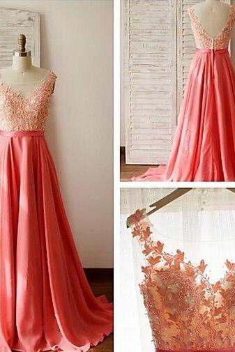 Coral Prom Dresses,2016 Evening Dresses, Fashion Prom Gowns,elegant Prom Dress,lace Prom Dresses,chiffon Evening Gowns,simple Formal Dress For