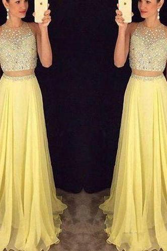 2 Piece Prom Gown,two Piece Prom Dresses,yellow Evening Gowns,2 Pieces Party Dresses,chiffon Evening Gowns,formal Dress,sparkly Evening Gowns For