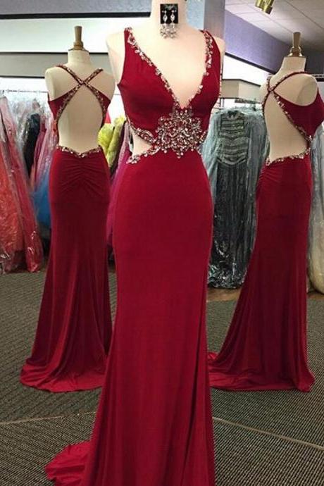 Sexy Prom Dresses,red Prom Dress,chiffon Backless Evening Gown,long Formal Dress,beaded Prom Gowns,open Backs Night Club Dresses