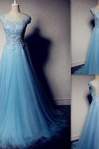  Light Blue Prom Dresses,Prom Dress,Modest Prom Gown, Prom Gown,Princess Evening Dress,Tulle Evening Gowns,Beaded Party Gowns