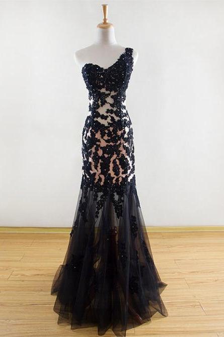Black Prom Dresses,one Shoulder Prom Dress,tulle Prom Dress,long Prom Dresses With Lace Applique,2016 Black Formal Dresses