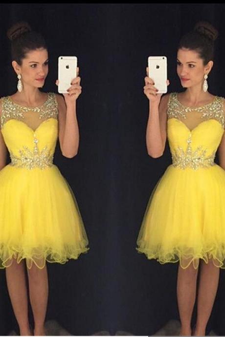 Yellow Homecoming Dress,short Prom Gown,tulle Homecoming Gowns,a Line Beaded Party Dress, Elegant Prom Dresses
