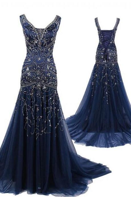 Navy Blue Prom Dresses,V neckline Prom Dress,Sexy Prom Dress,Dark Navy Prom Dresses,2016 Formal Gown,Tulle Evening Gowns,Party Dress,Prom Gown For Teens