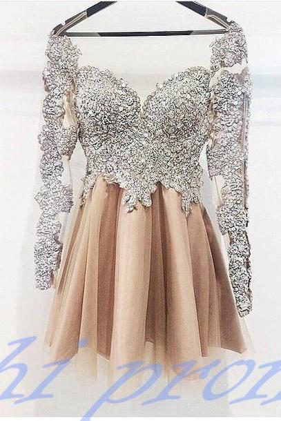  Vintage Homecoming Dress,Lace Homecoming Dress,Cute Homecoming Dress,Long Sleeves Homecoming Dress,Short Prom Dress,Champagne Homecoming Gowns,Sweet 16 Dress