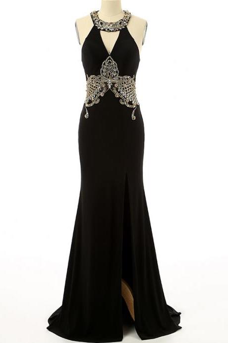 Sexy Black Women Formal Party Evening Dresses,chiffon O-neck With Gold Beads Long Evening Gowns,side Split Sleeveless Party Dresses,handmade