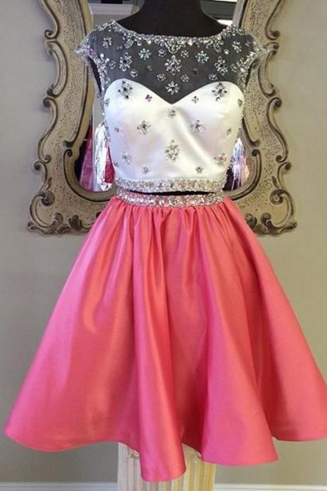 Coral Homecoming Dress,2 Piece Homecoming Dresses,silver Beading Homecoming Gowns,short Prom Gown,coral Pink Sweet 16 Dress,homecoming Dress,2