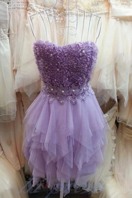 Lilac Homecoming Dress,2017 Homecoming Gown,tulle Homecoming Gowns,lace Party Dress,strapless Prom Dresses,ruffled Cocktail Dress,formal Gown