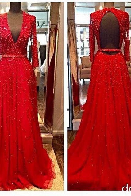 New Design Elegant Red Long Sleeves Evening Dresses 2016 Beads Sequins V-Neck Open Backless Crystal Party Prom Gowns