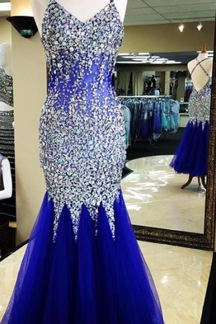 V-neck Crystal Beaded Mermaid Floor-length Prom Dress, Evening Dress