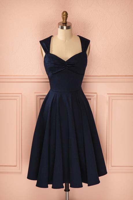 Cute A-line Short Knee-length Dark Navy Vintage Homecoming Dress