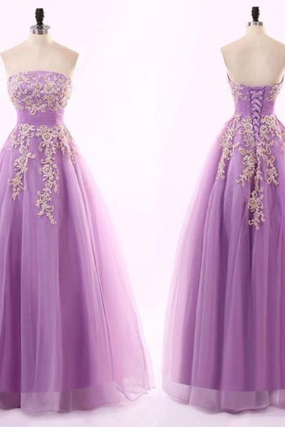 Purple Strapless A-line Tulle Long Prom Dress with Floral Appliqués 