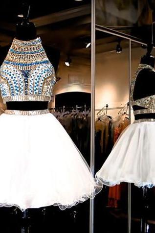 White Homecoming Dress,2 Piece Homecoming Dresses,beading Homecoming Gowns,short Prom Gown,sexy Sweet 16 Dress,bling Homecoming Dress,2 Pieces