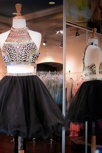  Black Homecoming Dress,2 Piece Homecoming Dresses,Black Beading Homecoming Gowns,Short Prom Gown,2 pieces Cocktail Dress,Two Pieces Parties Gowns