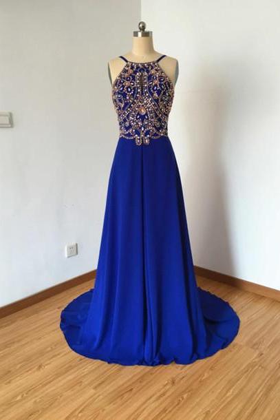  Royal Blue Prom Dresses,Royal Blue Prom Dress,Silver Beaded Formal Gown,Beadings Prom Dresses,Evening Gowns,Chiffon Formal Gown For Senior Teens