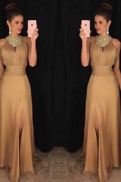 Gold Chiffon Long Prom Dresses Sexy Slit Sleeveless Party Gowns Evening Dress