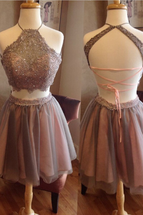 Fashion-two-piece-halter-short-grey-backless-homecoming-dress-beading-appliques Homecoming Dress Short Prom Dress Backless Homecoming