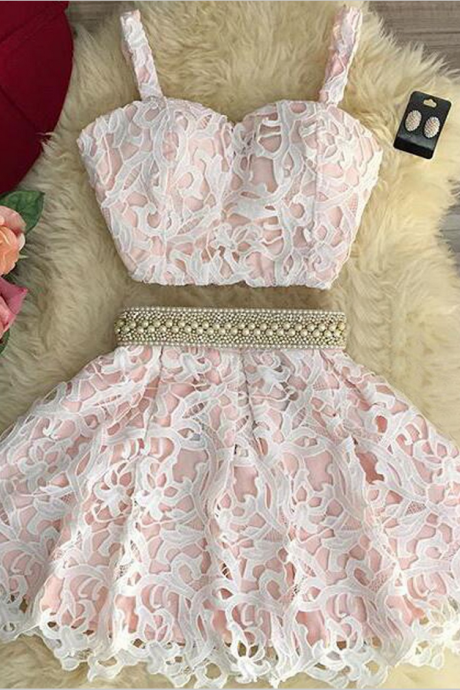 Sexy-two-piece-sweetheart-mini-pink-lace-homecoming-dress-with-pearls Homecoming Dress Prom Dress