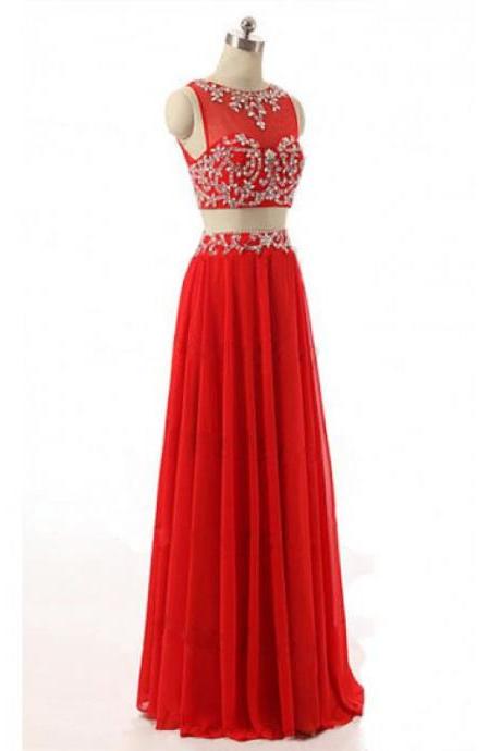 Two Piece Red Beads Prom Dresses Party Dresses