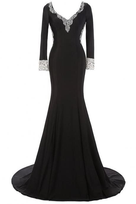 Black Sexy Long Prom Dresses, Long Sleeves Evening Dresses,2017 Mermaid Prom Dresses