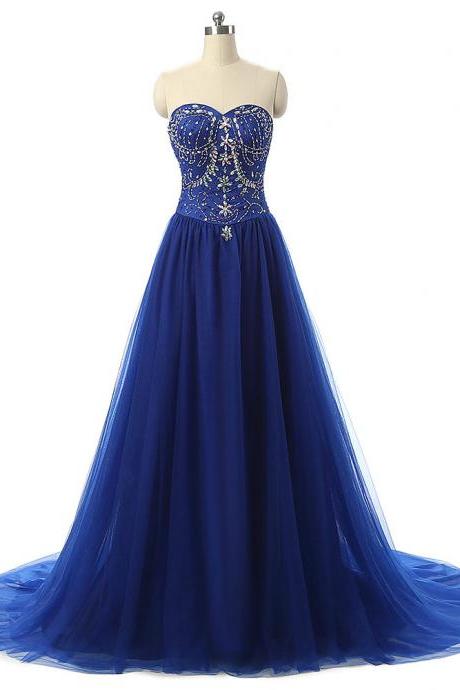 2017 Royal Blue Beading Tulle Long Prom Dresses,pretty Sweetheart Evening Dresses,custom Formal Prom Dresses