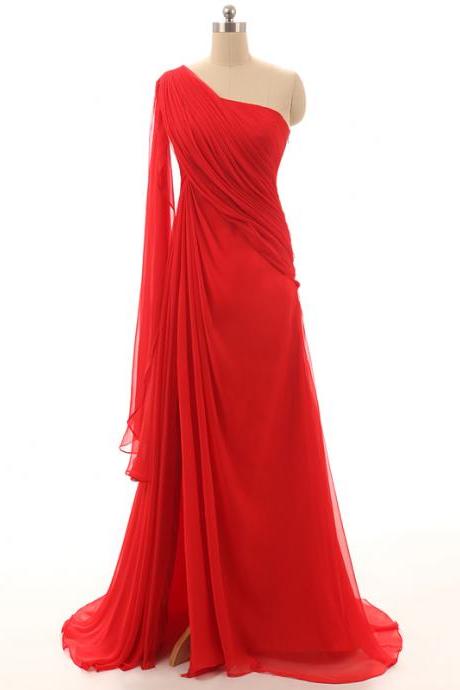 Simple Red Dresses,sexy One Shoulder Long Prom Dresses,2017 Chiffon A-line Formal Dresses