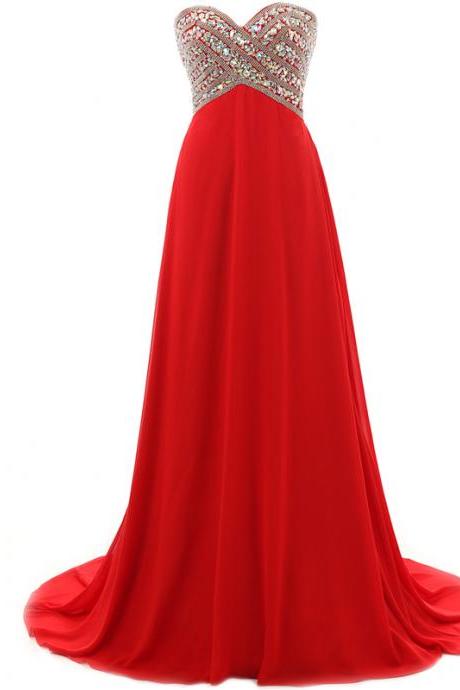 Charming Sweetheart Prom Dresses,beading Chiffon Prom Dresses,2017 Red Dresses,a-line Formal Dresses