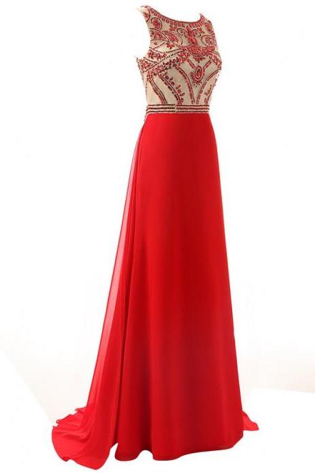 2017 Red Beading Chiffon Long Prom Dresses,high Quality Cap Sleeves A-line Evening Gowns,red Women Dresses