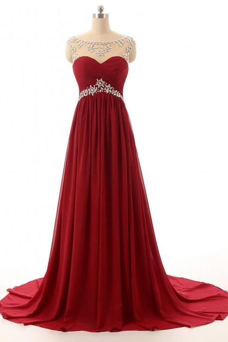 2017 Wine Red Long Prom Dresses，custom Made Beading Chiffon Evening Dresses