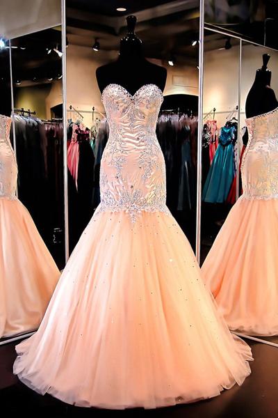 Pretty Mermaid Sweetheart Tulle Prom Dresses Enening Gowns With Beading