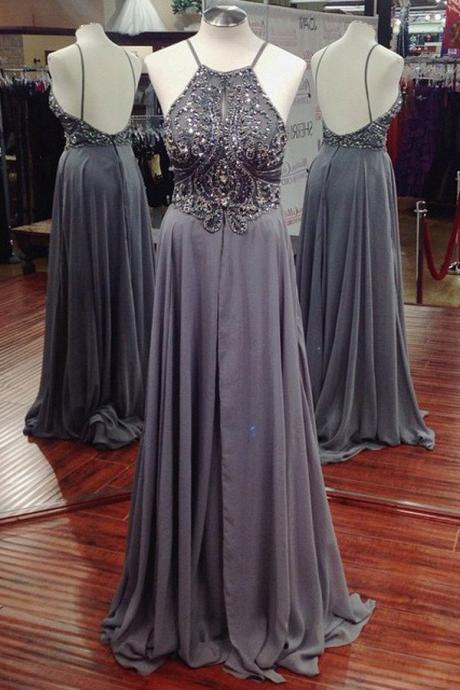 A-line Long Chiffon Beaded Prom Dress Evening Dresses With Backless Evening Dresses