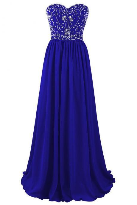 Beautiful Blue Chiffon Beaded A-line Prom Dresses 2017, Blue Long Prom Gowns, Party Dresses, Evening Dresses