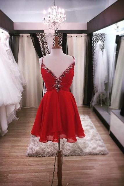 Elegant V Neck Short Red Chiffon Homecoming Dresses With Beads,short Prom Dress