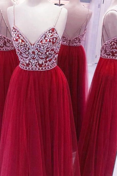 Fully Crystal Beaded Top V Neck Long Prom Dresses 2017 Tulle Evening Gowns