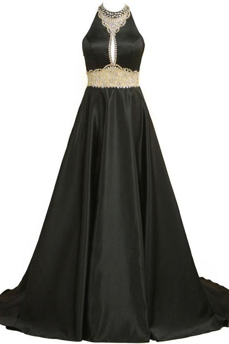 Women's High Neck Satin Prom Dresses With Beading And Rhinestones Long A-line Evening Dress