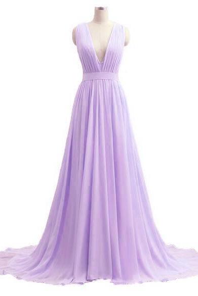 Beautiful V-neckline Chiffon Lavender Long Prom Dress, Custom Lavender Party Dresses, Long Prom Dresses