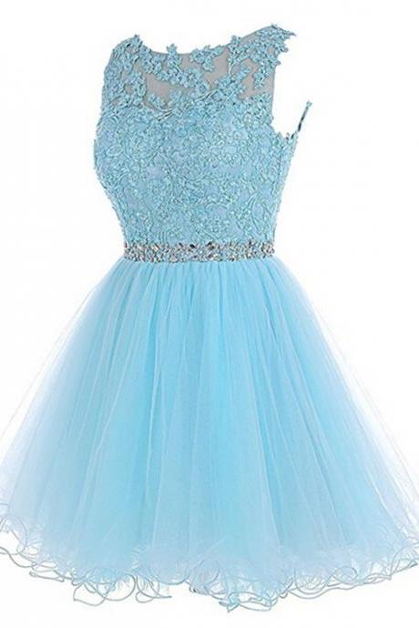 Women's Tulle Beading Homecoming Dresses Short Applique Prom Gowns O-neck Cocktail Party Dress Lace A-line Prom Dresses