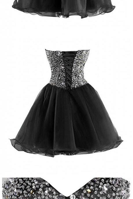 Women's Short Crystals Prom Gowns Tulle Beaded Homecoming Dresses Sweetheart Cocktail Party Dress A-line Prom Dresses