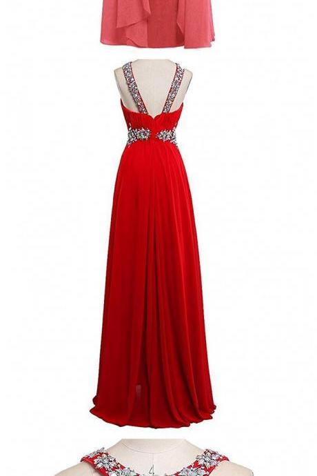 Women's Long Scoop Prom Gowns Beaded Chiffon Bridesmaid Dresses Backless Evening Gowns