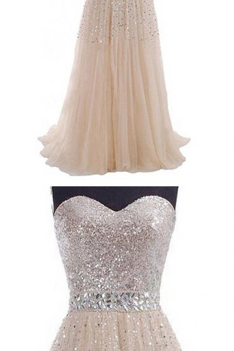 Women's Exquisite Tulle Prom Dresses Sweetheart Party Gowns Sequins A-line Prom Gown Long Evening Dress