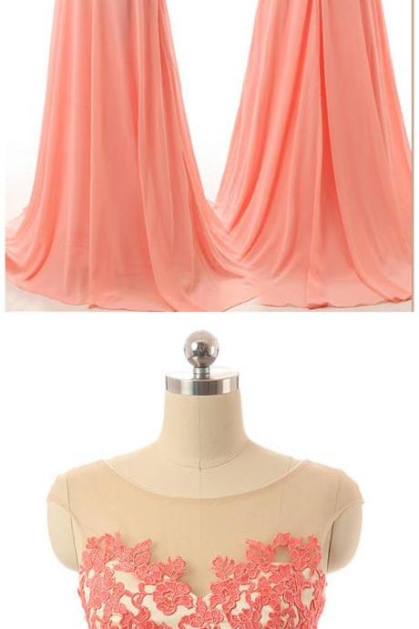 Women's Coral Sweep Train Prom Dress Open Back Bridesmaid Dress Chiffon Evening Dress Lace Applique Prom Gown